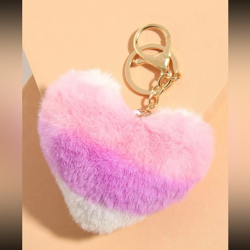 💛 Awesome Large Fuzzy Furry PomPom Heart Bright Striped Keychain 💛